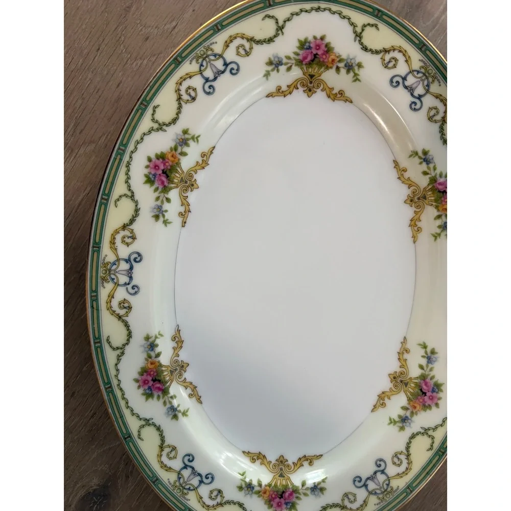 Noritake Smartnis Vintage Oval Serving Platter Floral Baskets Gold Trim Japan